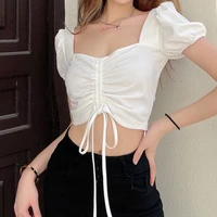 preppy style summer sweet crop tops women white puff sleeve short t shirts shirring cute square collar short sleeve tees 2021