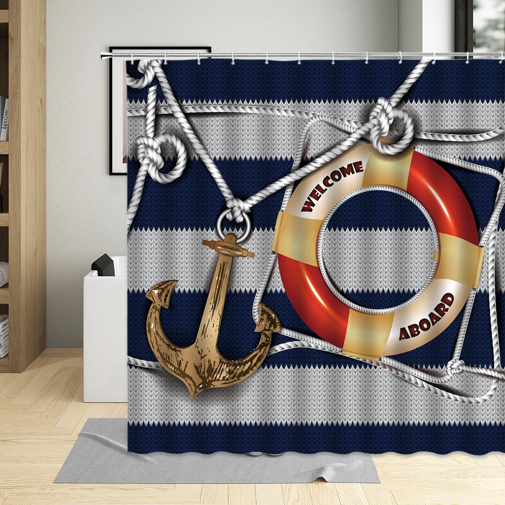 

Cartoons Wave Stripe Sailing Anchor Shower Curtains Geometry Printing Waterproof Curtains With Hooks Bathroom Decor Screen