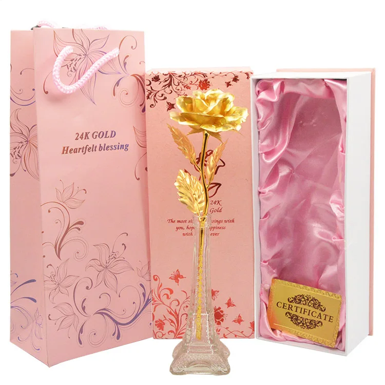 Gold Foil Rose Flower Painting Designs Pure Leaf With Gift Box And Eiffel Tower Stand For Mothers Day | Дом и сад