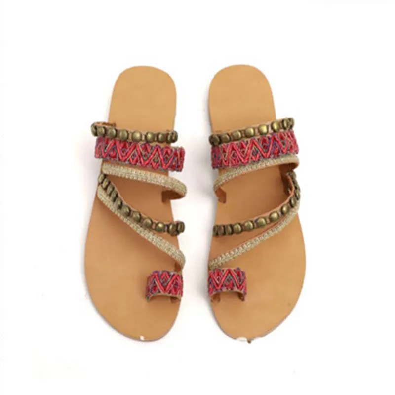 

Women Sandals Summer Ladies Rhinestone Sandals Beach Comfortable Slipper Bohemian Ethnic Style Flat Shoes Female Sandals
