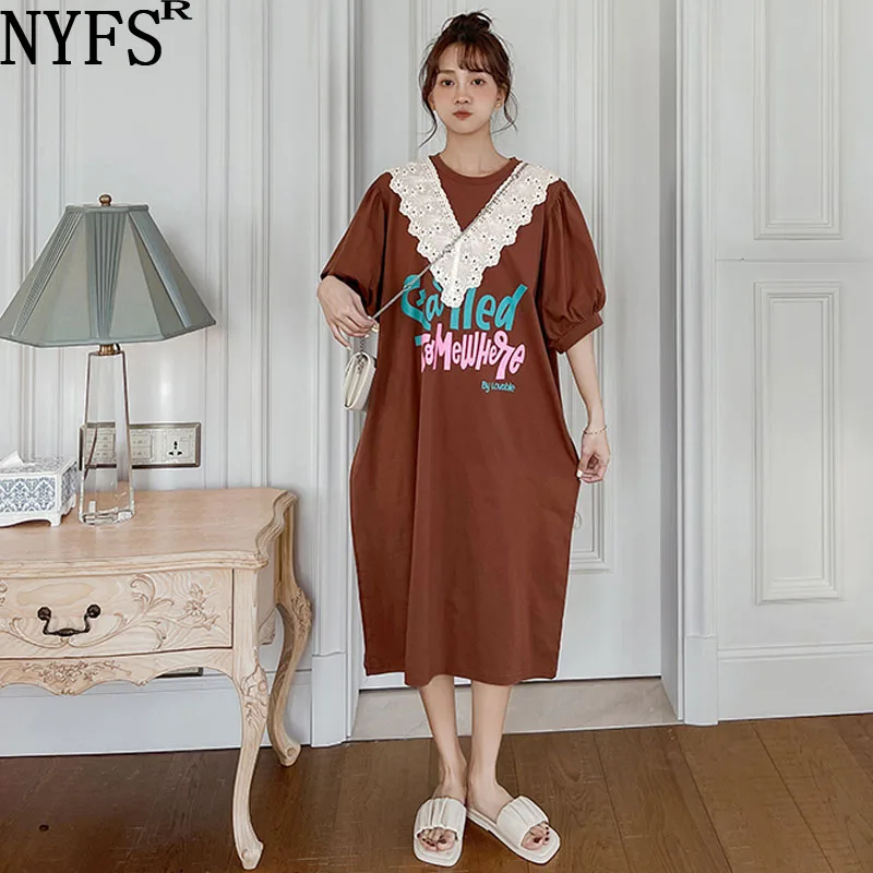 

NYFS 2021 New Korean Loose Embroidered lace Woman Dress Vestidos Robe Elbise Summer Dress