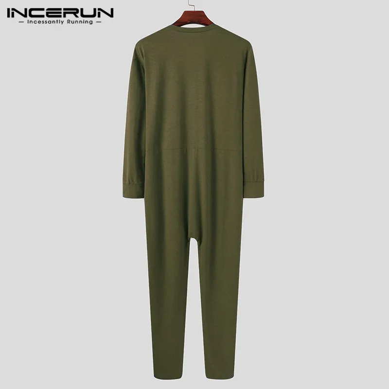 

Solid Color Men Jumpsuit Pajamas Long Sleeve O Neck Homewear Cozy Button Up Fitness Leisure Rompers Men Overalls S-5XL INCERUN