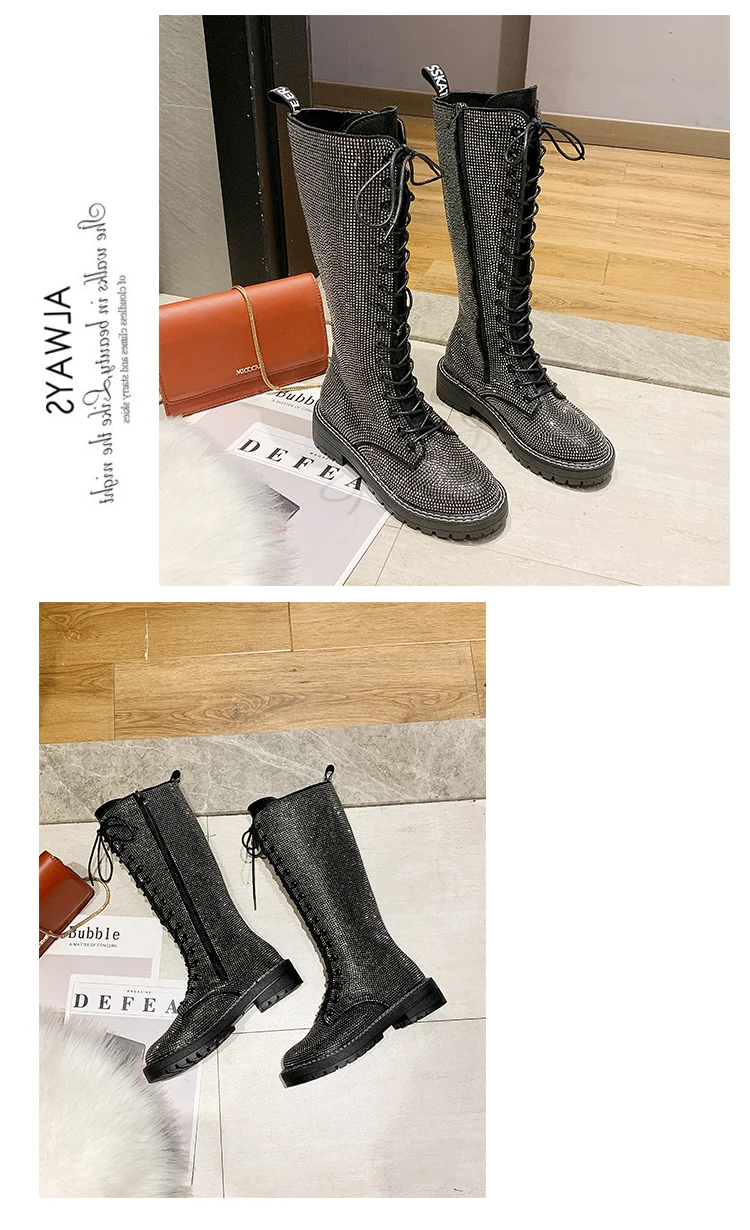 Fashion Sexy Women's Lace-Up Knees High Long Boots Bling Rhinestone Leather Platform Martin Boots Black Silver Zapatos Drop Ship
