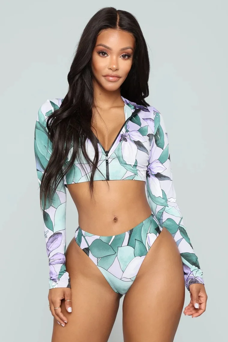 

2021 Womans Summer Sexy Swimsuit Fashion Casual Beach High Waist Bohemian Sweet Print Long Sleeve Zipper Bikinis 2 Piece Set
