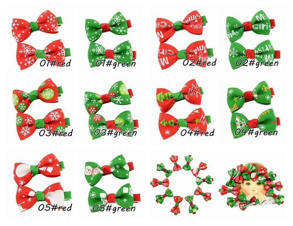 

20pcs/lot New Christmas Style 2'' Ribbon Bow Clip Girl hair top clip Printed Bow Hairpin for Baby Children Accessories 636