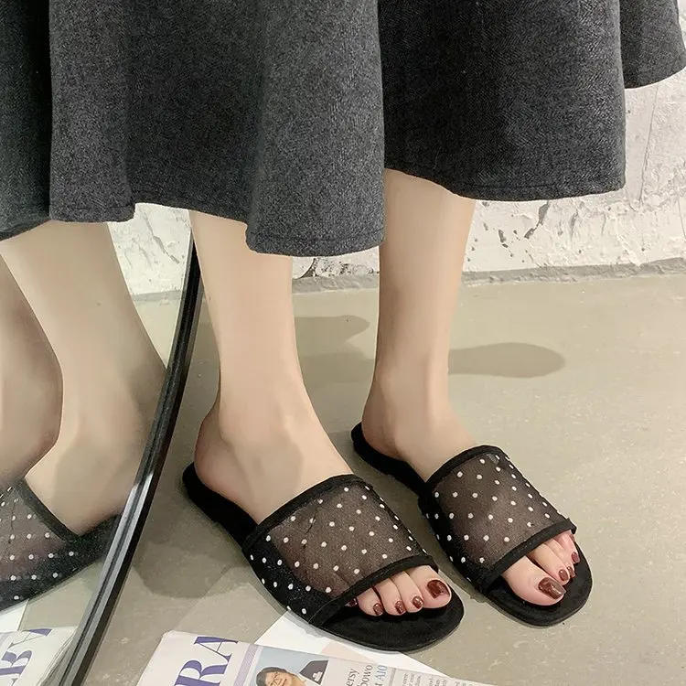 

2021 Summer Shoes Woman Flats Slippers Polka Dot Mesh Sandals Women Casual Flat Flip-flops Flat With Leisure Slides Sandalias