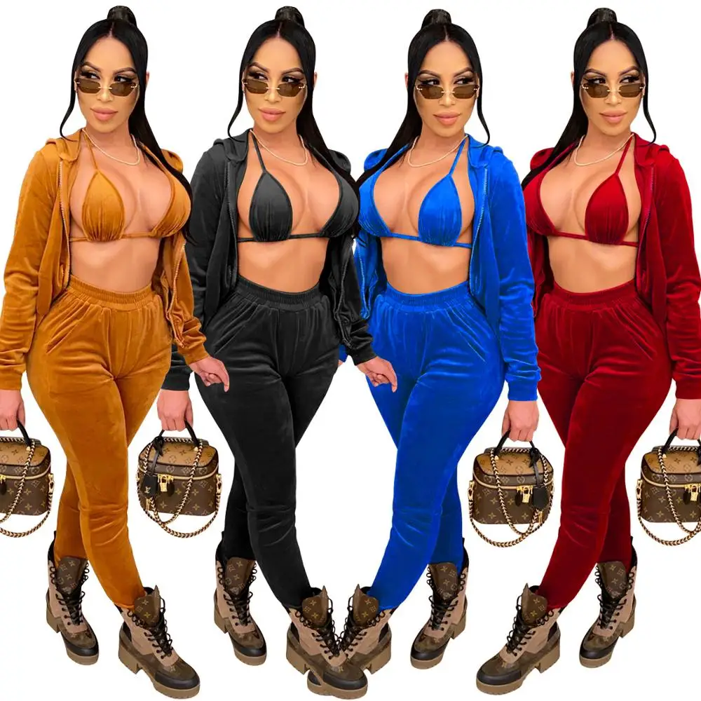 

Sporty Velvet Sweatsuit Women's Set Hooded Track Jacket Bra Top Jogger Pants Set ActiveTracksuit Three 3Piece Outfit Set