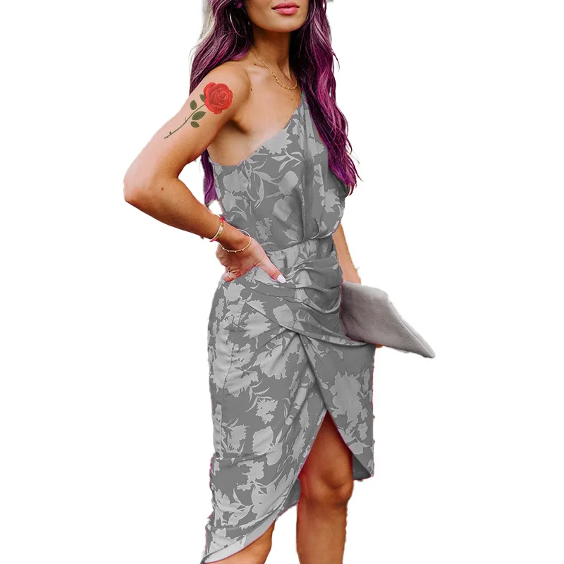 

2021 summer new sexy slim slant shoulder open back print irregular dress