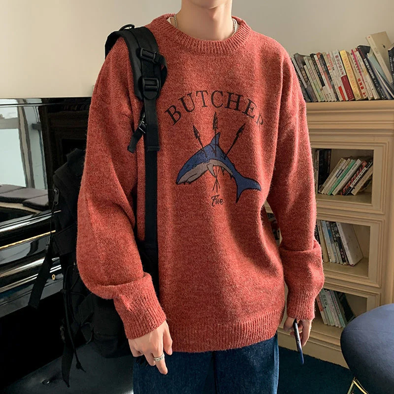 

PR Round Neck Long Sleeve Printed Sweater Men 2021 Autumn Winter Hong Kong Style Loose And Casual Streetwear Men O-neck Knitted