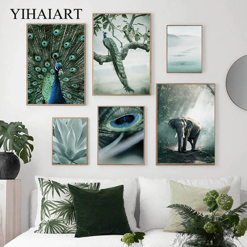 

Nature Forest Canvas Wall Poster Scenery Print Peacock Elephant Wall Painting Feather Art Picture Scandinavian Living Room Decor