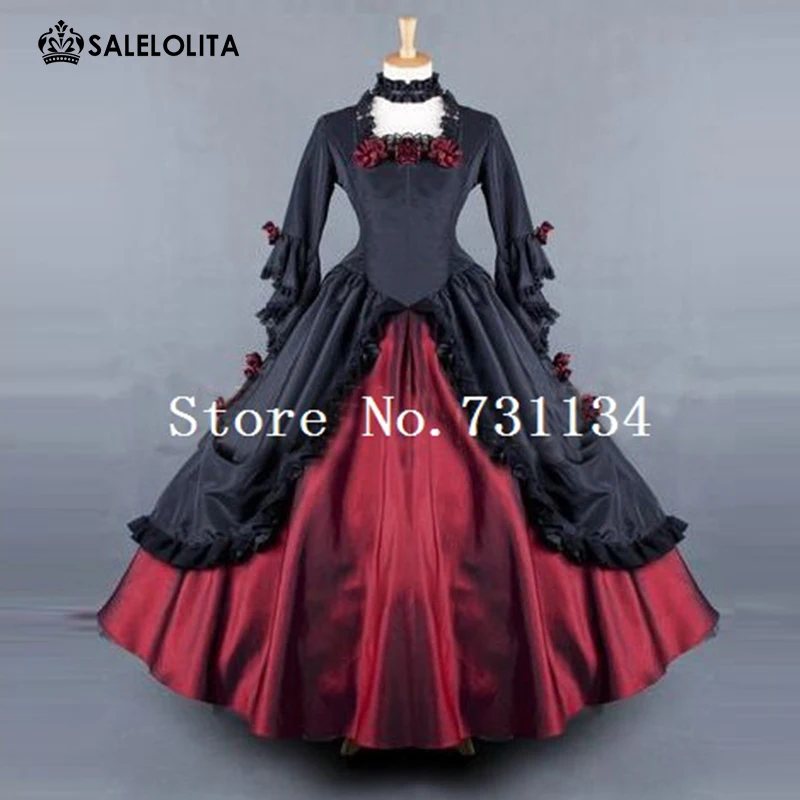 Brand New Red and Black Satin Long Sleeves Gothic Victorian Dress Medieval Renassiance Ball Gowns Theatre Costume