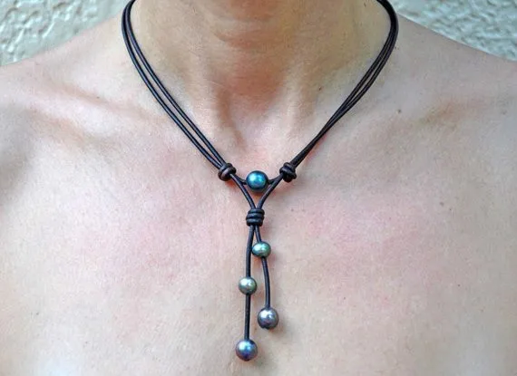 

The Lanikai Lariat - Pearl and Leather Lariat Necklace - Leather Necklace