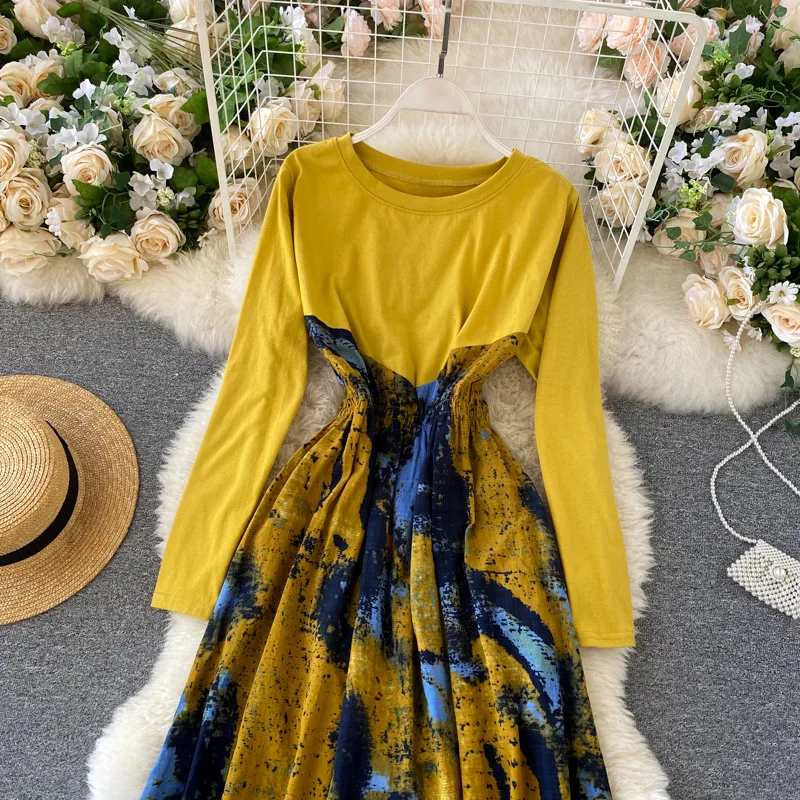 

2021 New Spring Summer Women's Casual Chic Dress High Waist O Neck Long Sleeve Splicing Vintage Print Holiday Style Ladies Dress