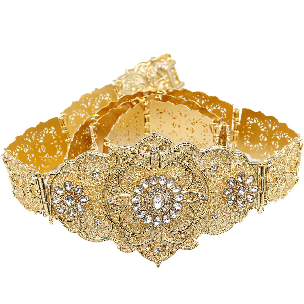 

Sunspicems Caftan Belt for Women Waist Chain Adjustable Length Crystal Gold Color European Wedding Jewelry