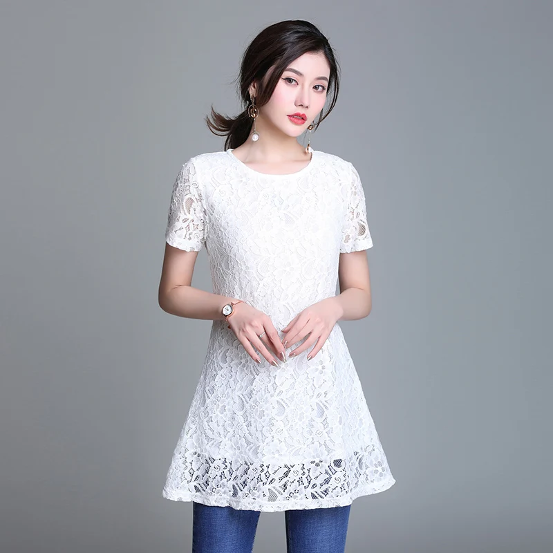 

Elegant lace hollow out peplum blouse shirt women o neck short sleeve solid white blouse female summer tops office lady 2021