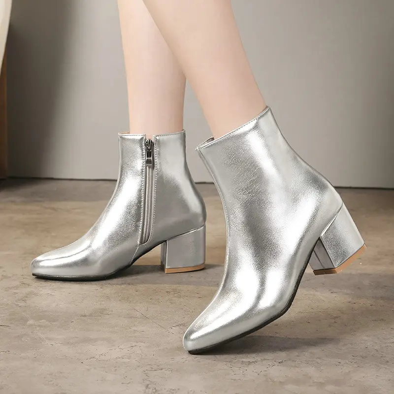 

White Ankle Boots Female Shoes Clogs Platform silver Boots-Women Luxury Designer Zipper Chelsea Low High Heel Ladies Rubber 2022