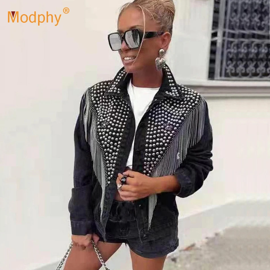 Женская джинсовая куртка однобортная Свободная с тяжелыми заклепками и