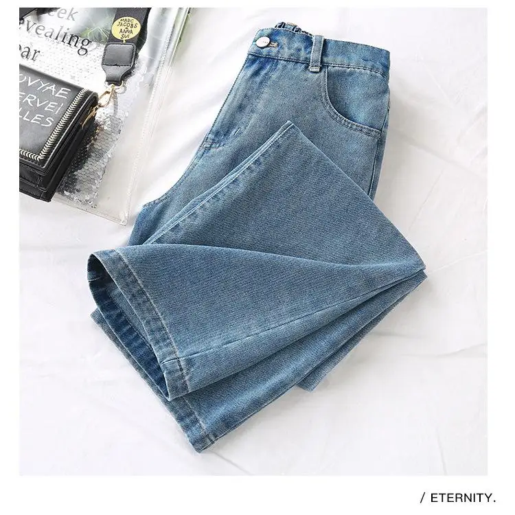 

COCOEPPS summer ladies plus size cotton jeans women large size loose casual hole jean blue straight wide leg denim pant 4XL 5XL