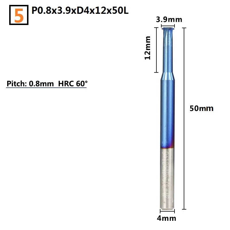 P0.8x3.9xD4x12x50L 1 шт. 0,7-3,9 мм P0.25-P0.8 однониточная Концевая фреза с нано синим покрытием твердосплавные концевые фрезы Резьбовая фреза 4 мм хвостовик фреза с ЧПУ - Длина режущей кромки: P0.8x3.9xD4x12x50L