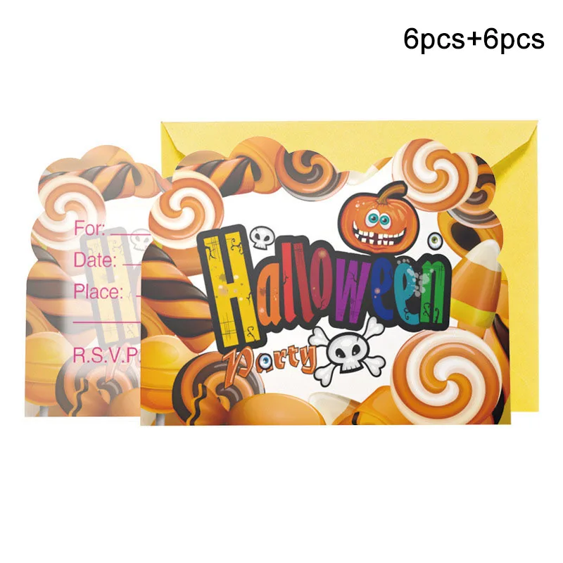 invitation card-12pc Halloween Candy Pumpkin Head Theme Creative Party Package Decoration Party Supplies Party Disposable Tableware Cup Plate - Цвет: invitation card-12pc