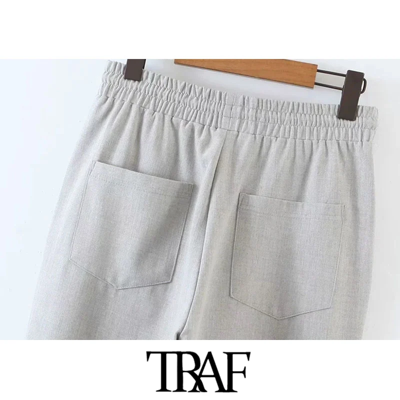 

TRAF Women Chic Fashion Side Pockets Jogging Pants Vintage High Elastic Waist Drawstring Female Ankle Trousers Mujer