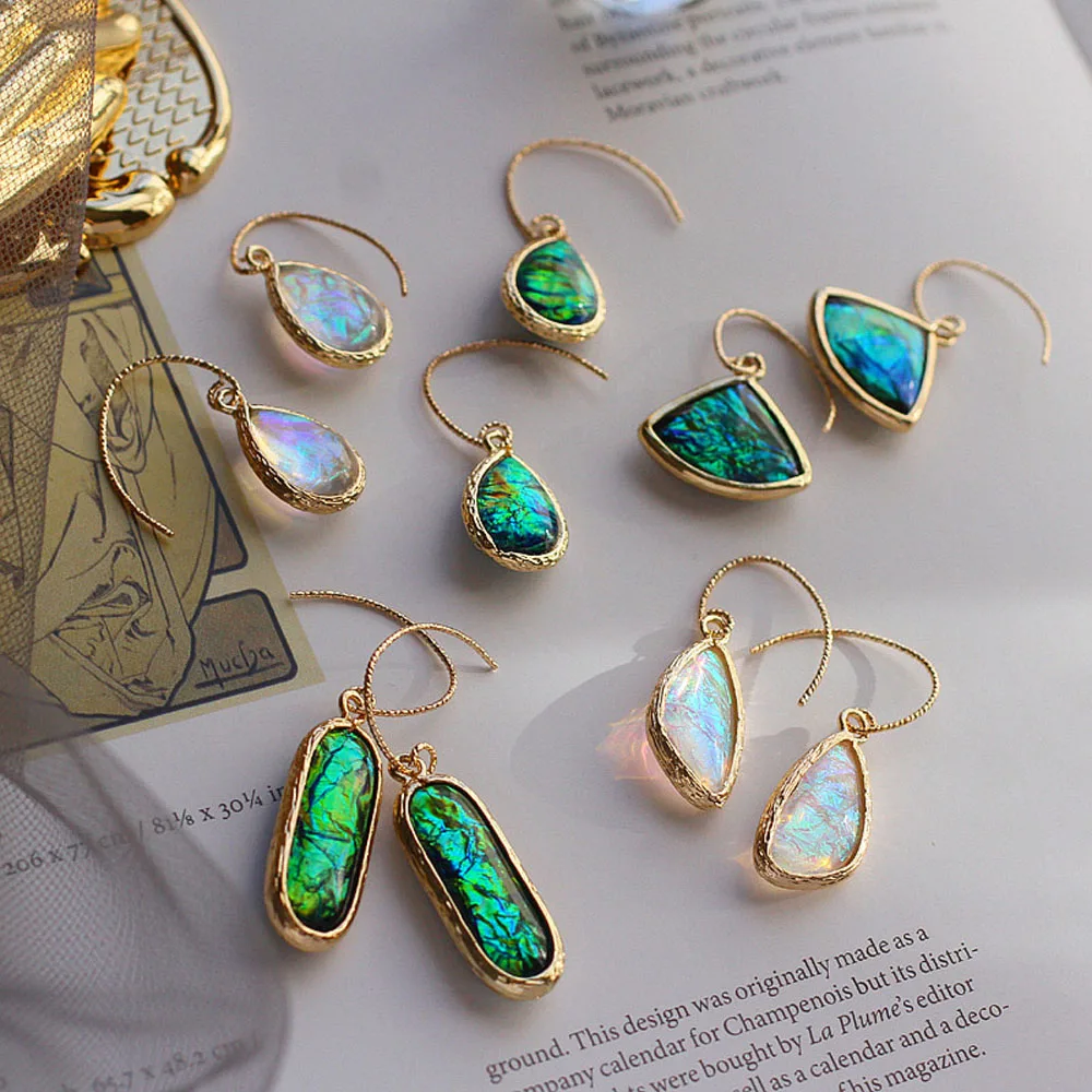 

PAIR Copper 18K Gold Filled Opal Earrings For Women Irregular Geometry Water Drop Opal Pendant Long Earring Wedding Jewelry