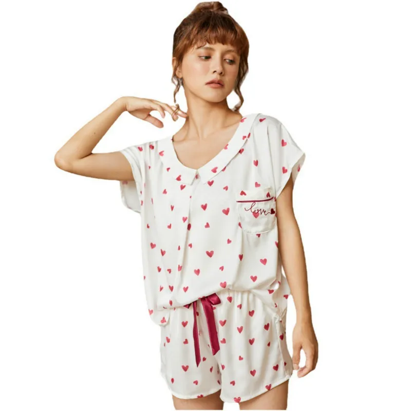 

Summer Pajamas Set Womens Casual Printed Faux Silk Pijamas Suit Ladies Viscose Satin Silky O-Neck Short Sleeve Pyjamas Homewear