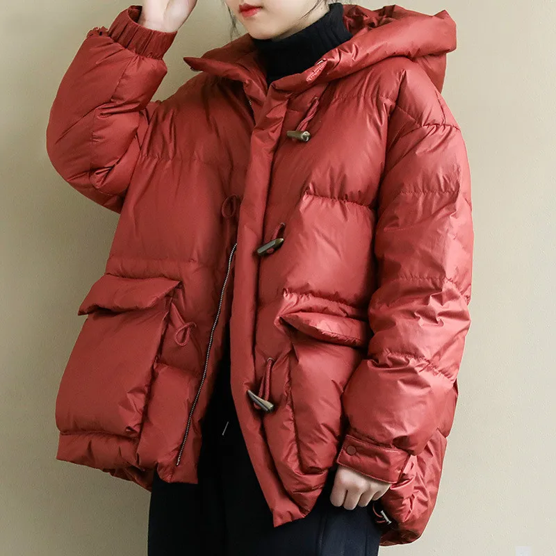 

2020 New Winter Women Hooded Loose Born Button Down Coat 90% White Duck Down Parkas Thickness Warm Bread Snow Outwear