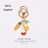 50pcs cartoon rabbit carrot keychain cute bunny car keyring charm bag pendant fashion metal keychains trinket couple gift keyfob