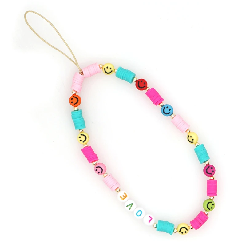 Bohemian Colored Soft Pottery Beaded Mobile Phone Chain Creative Smiley Face LOVE Letter Ladies Mobile Phone Anti-Lost Chain