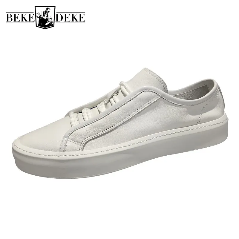 Мужские повседневные кроссовки белые дышащие из натуральной кожи на плоской