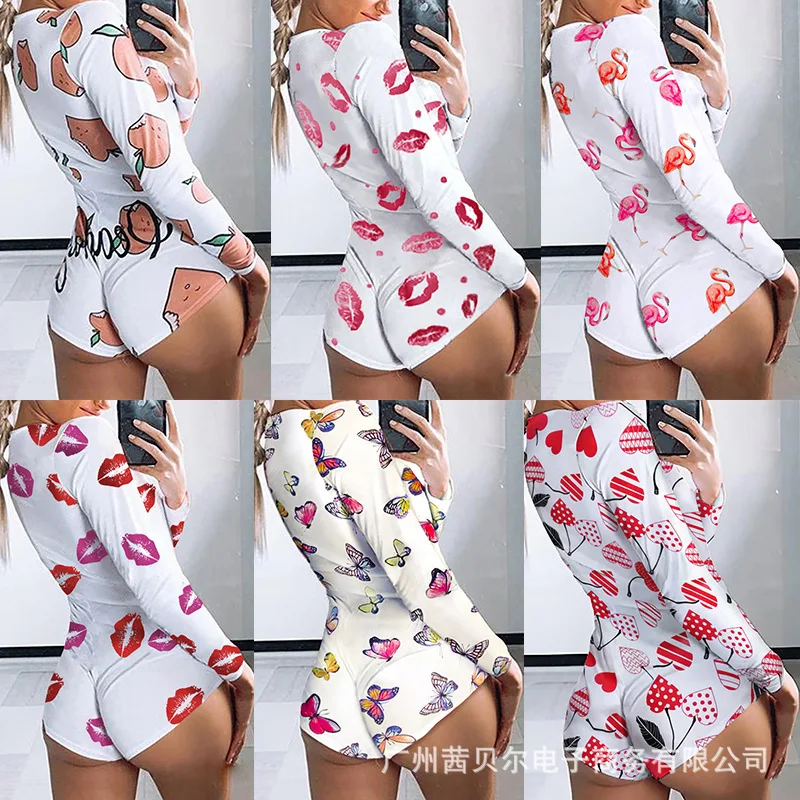 

2021 new printed long-sleeved pajamas deep V tight sexy jumpsuit