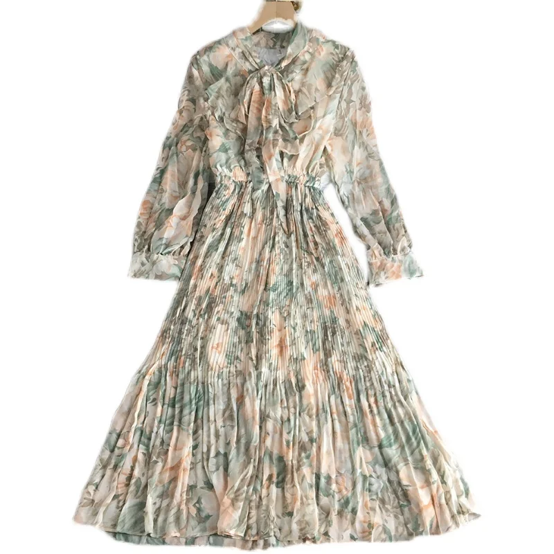 

States high waist holiday wind set of head dress bow v-neck loose thin printed pleated pendulum fairy