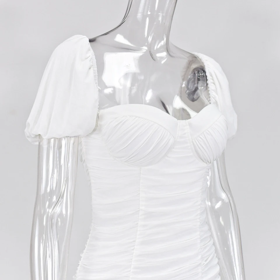 

Ruched Mesh Elegant Dress Sexy Nightclub Party Dress Female Puff Sleeve Shinny Dresses Ruffles Celebrity Outfits Dress