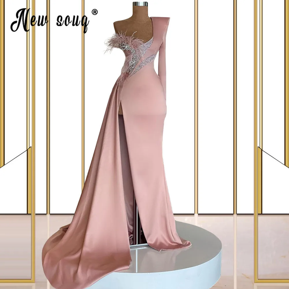 

Pink Sexy Mermaid Evening Dress Feathers Robe de Soiree One Shoulder Crystal Prom Gowns For Party Middle East Pageant Dresses