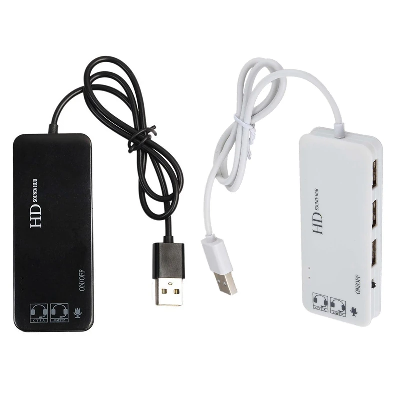 2Pcs 3 Port Usb 2.0 Hub External 7.1Ch Sound Card Headset Microphone Adapter for Pc - White &amp Black | Компьютеры и офис