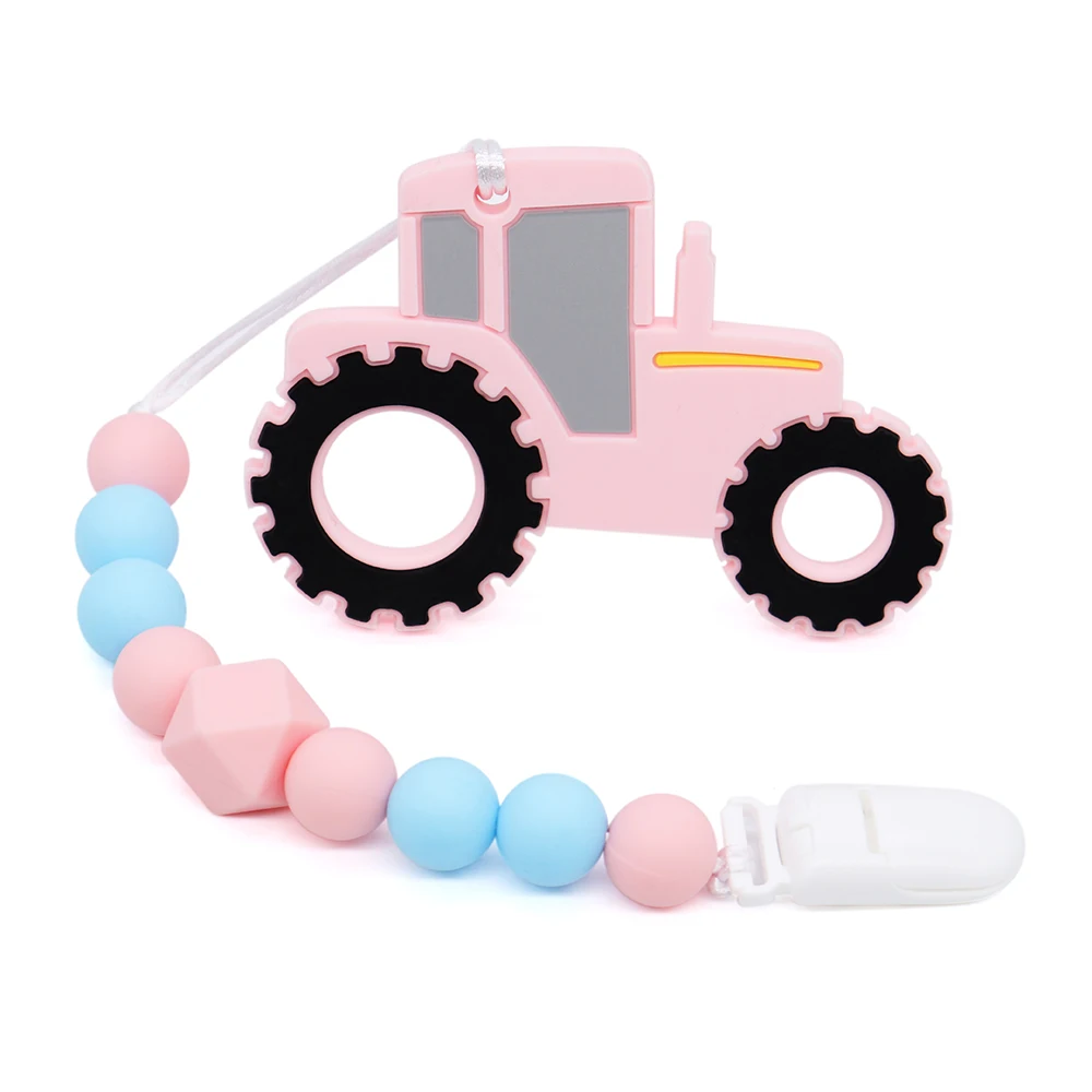 

Pink Tractor Teether Chain With Pacifier Clips For Baby Chewable Chewing Toys For BPA Free Food Grade Silicone Teether Teething
