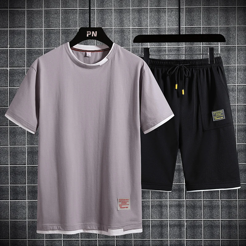 

SFABL Summer New Casual Mens Set Fashion Patchwork Sportswear Suit Short Sleeve T-shirt Short Sets Male Sportswear Tracksuit Man