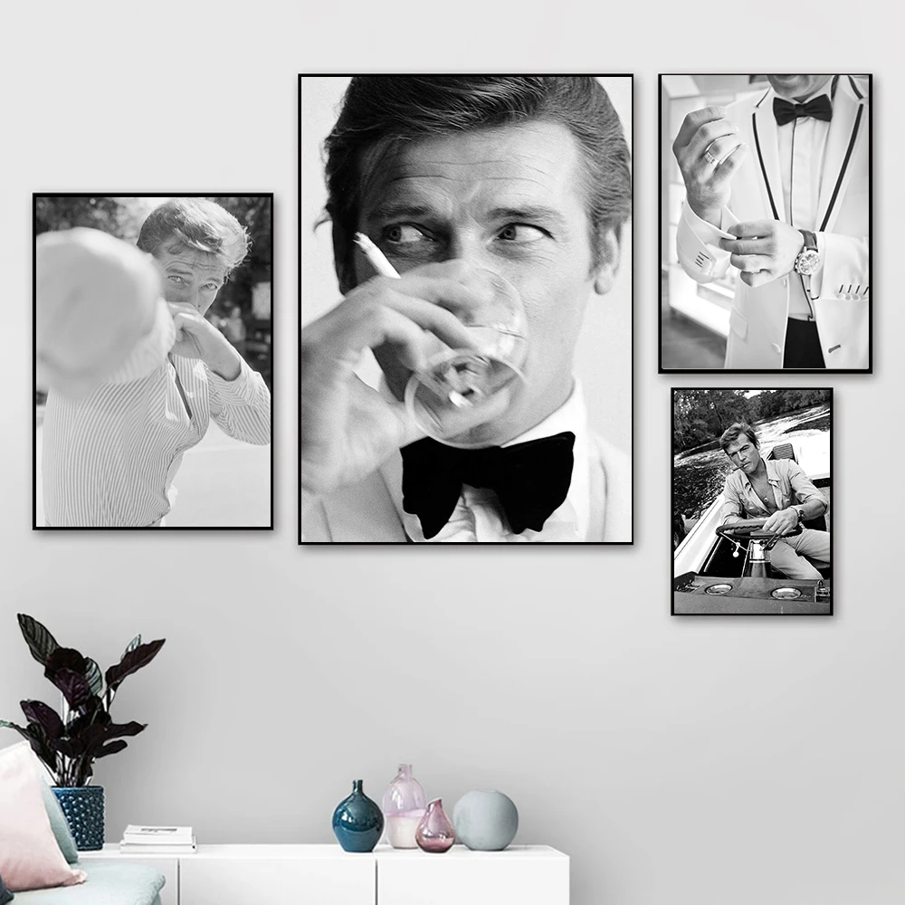 

Black and White Famous Actor Roger Moore Poster Print Figure Painting Modern Wall Pictures for Living Rome Home Decor Frame