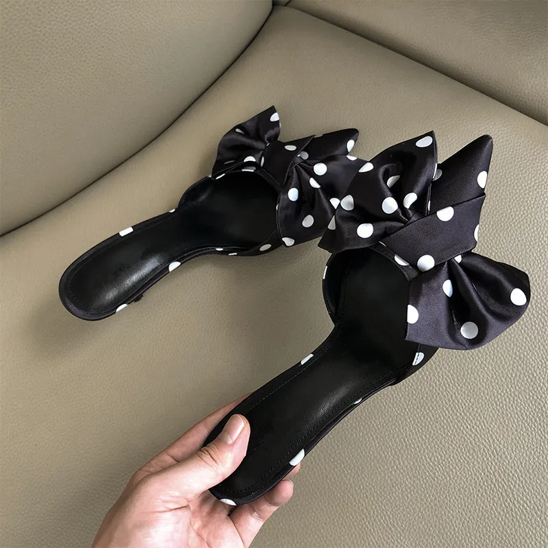 Шлепанцы женские с бантом роскошные сланцы высокий каблук пикантная кожаная