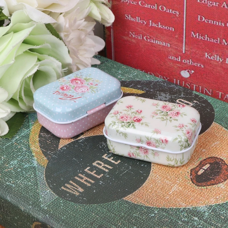 

Flower Tin Trinket Jewelry Coin Box Tinplate Storage Case Small Rectangular U2JD