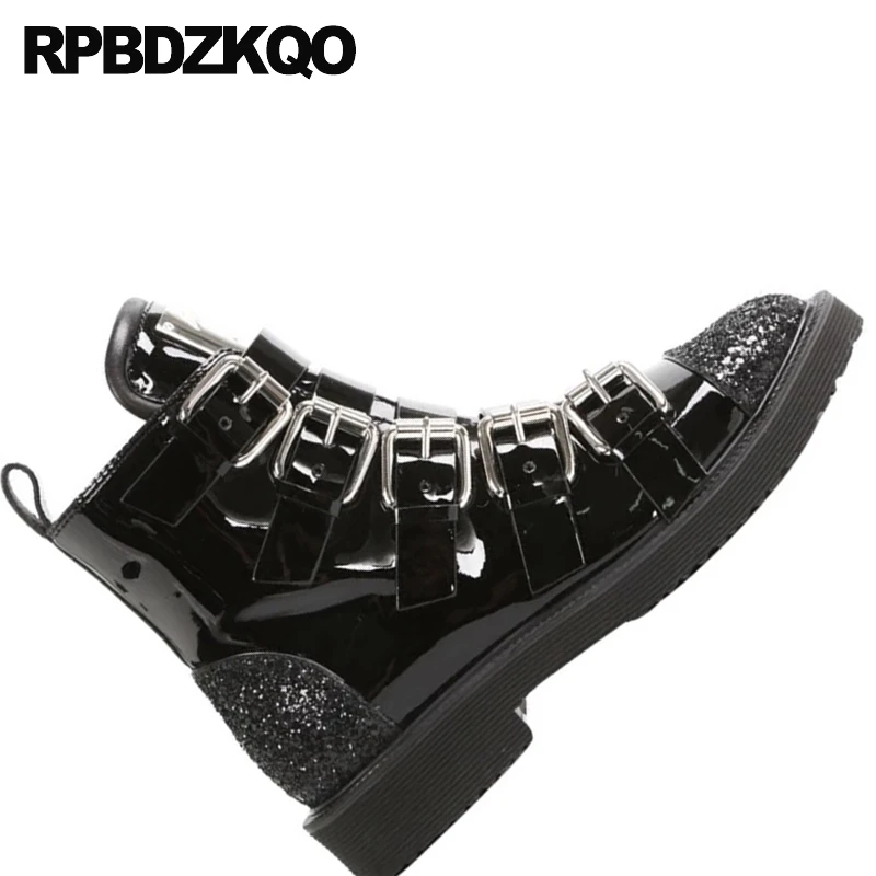 Ботинки женские из лакированной кожи байкерские мотоциклетные черные с