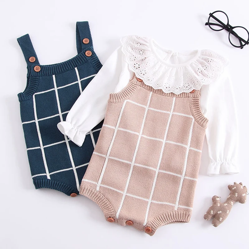 

Newborn Boys Girls Grid Jumpsuits Clothes Spring Autumn Baby Boys Girls Braces Rompers Knitted Children Rompers