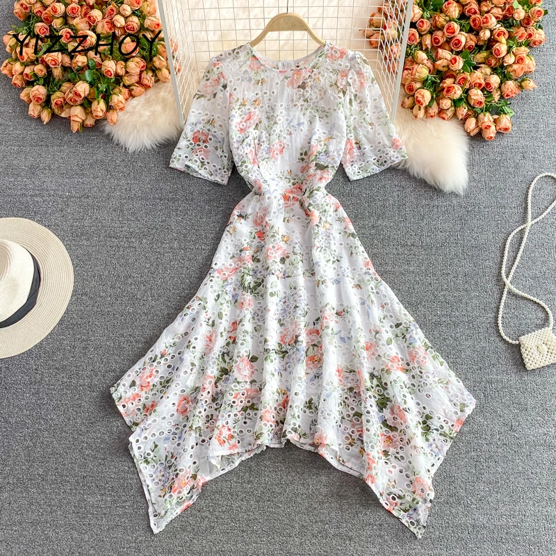 

YIZZHOY New Summer A Line O Neck Puff Sleeve Chiffon Pullover Dresses Women Casual Floral Print Hollow Out Lady Short Dress
