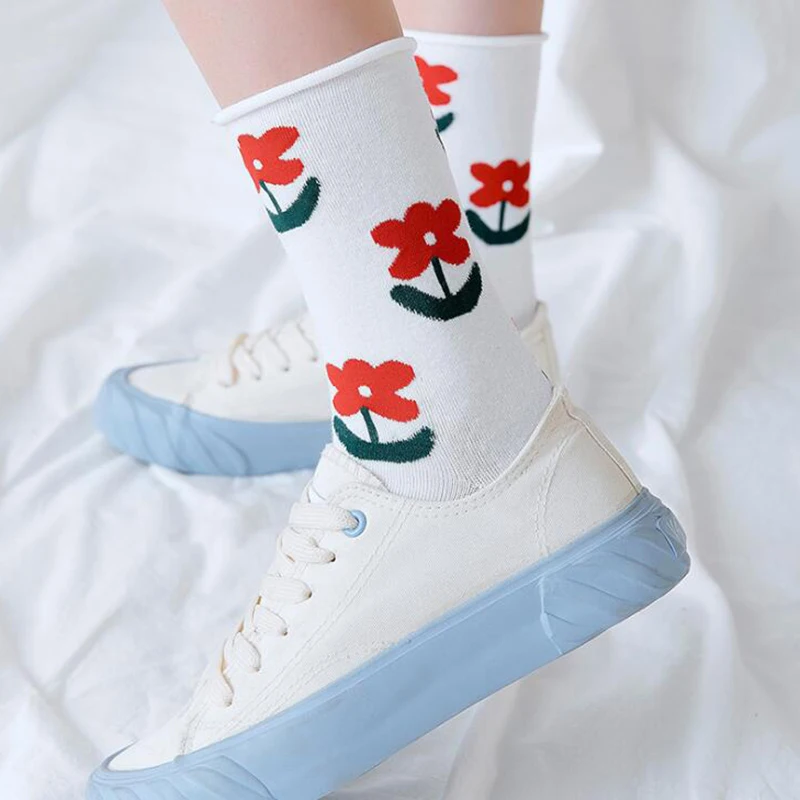 Цветок в Корейском стиле носки с изображением клубники женские милые длинные
