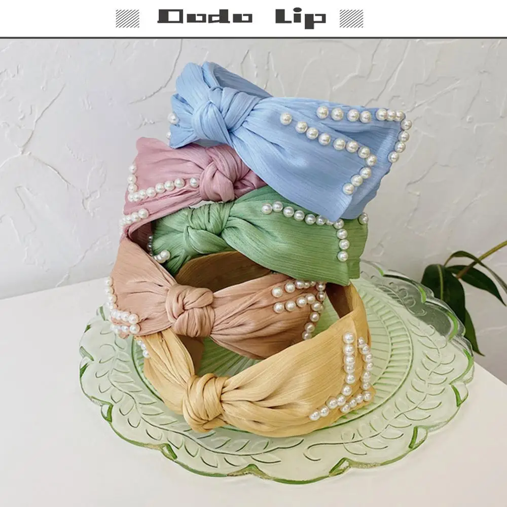 

Korean Wrinkle knotted bow hair bands with pearls big ribbon turban fahion bezel elegant hair ornament women's hair accessory