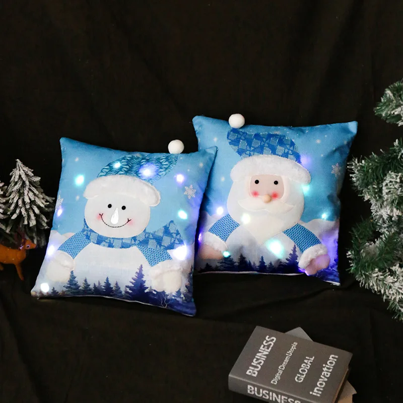 

2Pcs 45*45cm Blue Santa Claus Snowman LED Christmas Pillow Case Luminous Glowing Pillowcase Sofa Cusion Cover Navidad Ornaments