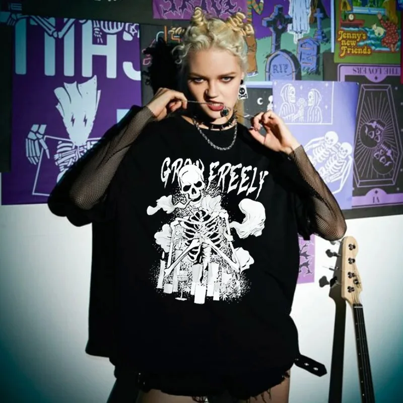Summer Goth Female Tee Aesthetic Loose men and womenT-shirt Punk Dark Grunge Streetwear gothic Top T-shirts Harajuku y2k Clothes | Женская