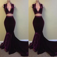 modest sexy two pieces velvet mermaid prom dresses 2019 deep v neck backless court train formal evening party gowns prom dress