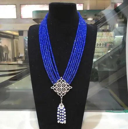 

Hand knotted natural 2x4mm blue jade multilayer white freshwater pearl zircon micro inlay accessories tassel necklace